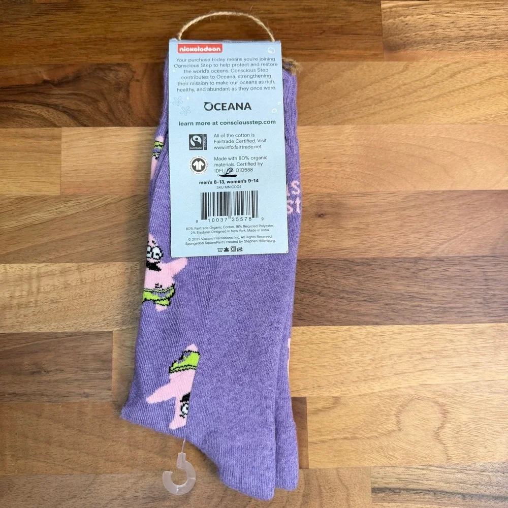 Conscious Step SpongeBob Patrick Star Purple Organic Cotton Crew Socks Medium